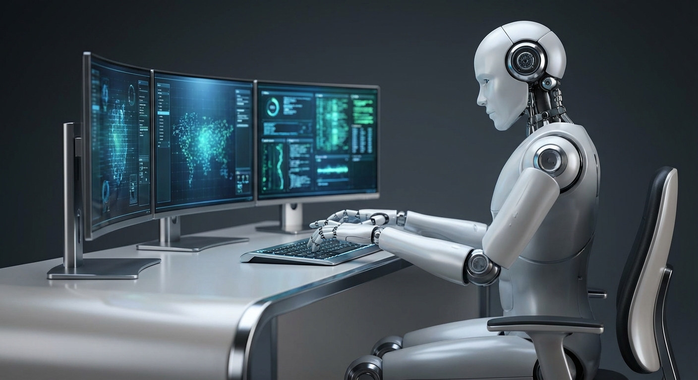 Sleek white humanoid robot working at desk with multiple screens showing document editing