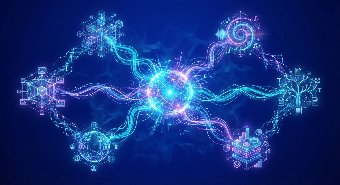 Central glowing node radiating to six surrounding nodes representing different content deliverable types