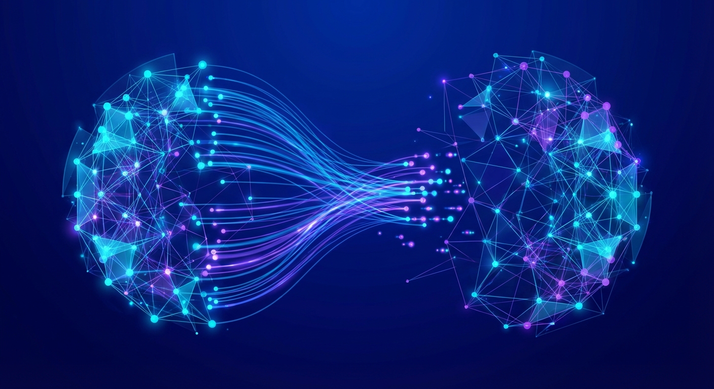 Two connected node clusters showing client input flowing to agent output in abstract network visualization