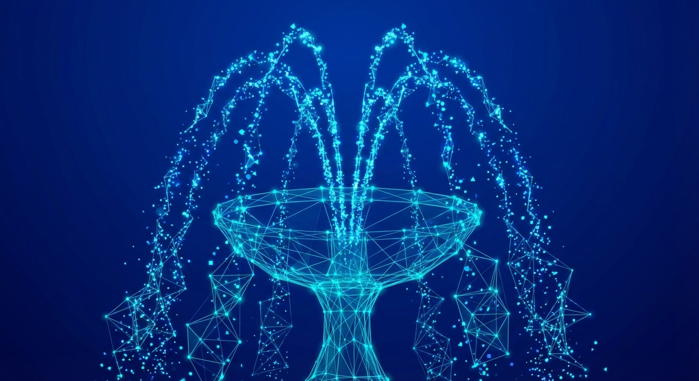 Abstract wireframe fountain with glowing cyan data particles cascading upward like water jets