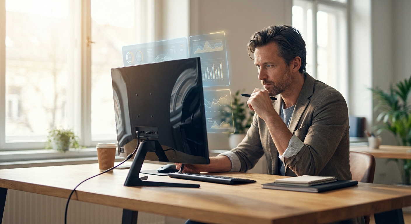 Professional reviewing content on monitor with subtle holographic overlay elements in modern office