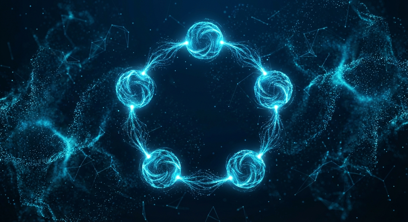 Abstract network visualization of five connected nodes showing content production workflow
