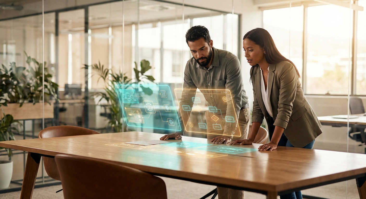 Two professionals collaborating with holographic agent interface panels floating above their table