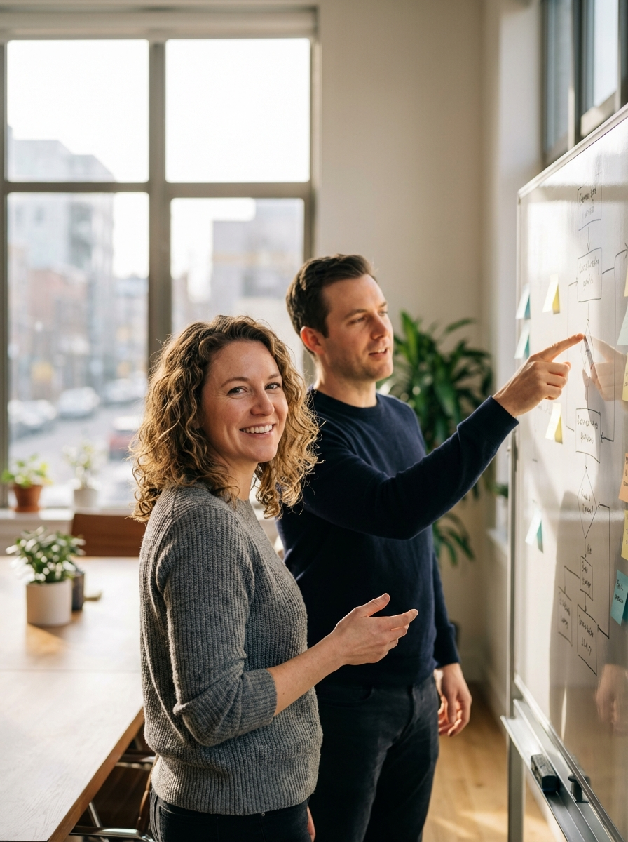 Two professionals collaborating at a whiteboard
