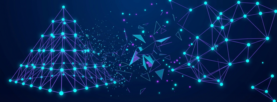 Agency pyramid structure transforming into distributed AI agent network - future of digital agencies