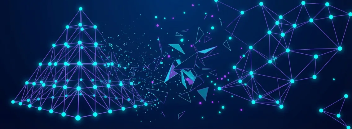 Agency pyramid structure transforming into distributed AI agent network - future of digital agencies
