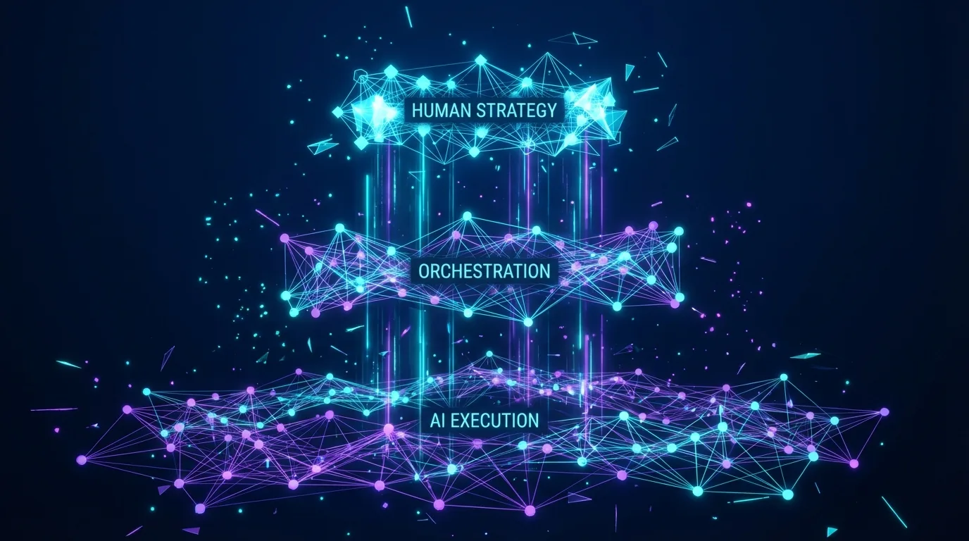 Three-layer agentic agency model showing strategy orchestration and AI execution layers