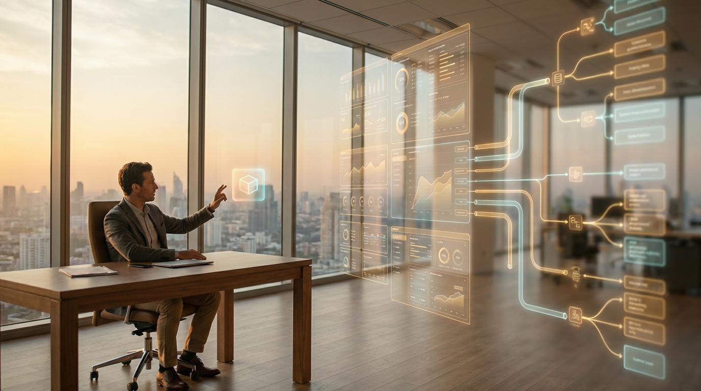 Professional examining holographic AI system architecture showing the expertise gap between simple tools and complex enterprise systems