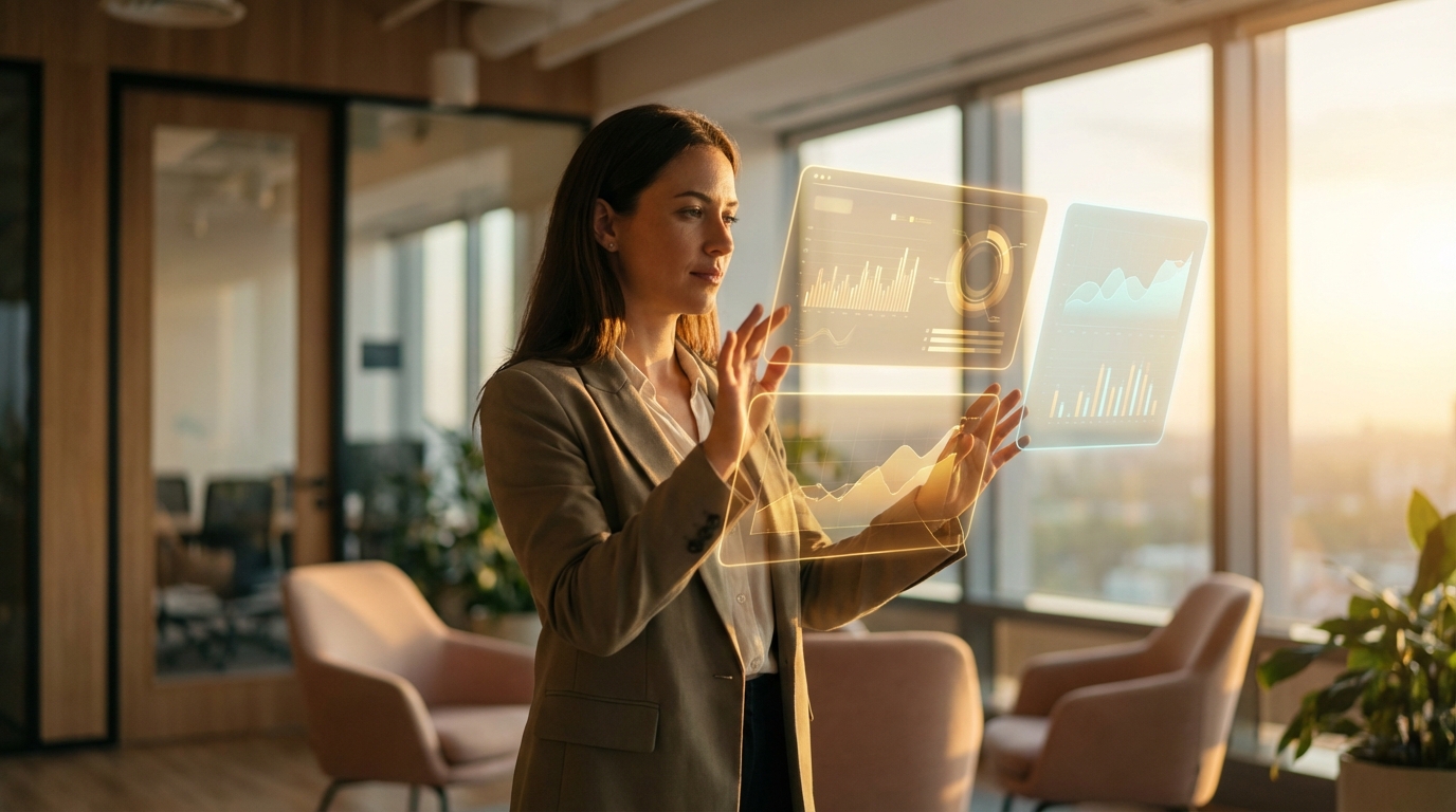 Professional evaluating holographic data panels representing three critical questions to ask AI implementation companies
