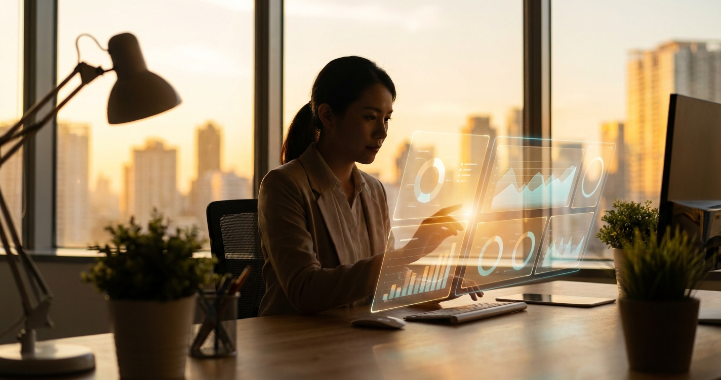 Professional monitoring multiple holographic AI cost dashboards in a warm golden-hour office setting