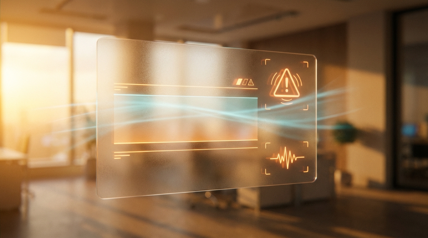 Holographic alert threshold panel glowing in warm amber light representing AI cost circuit breaker activation