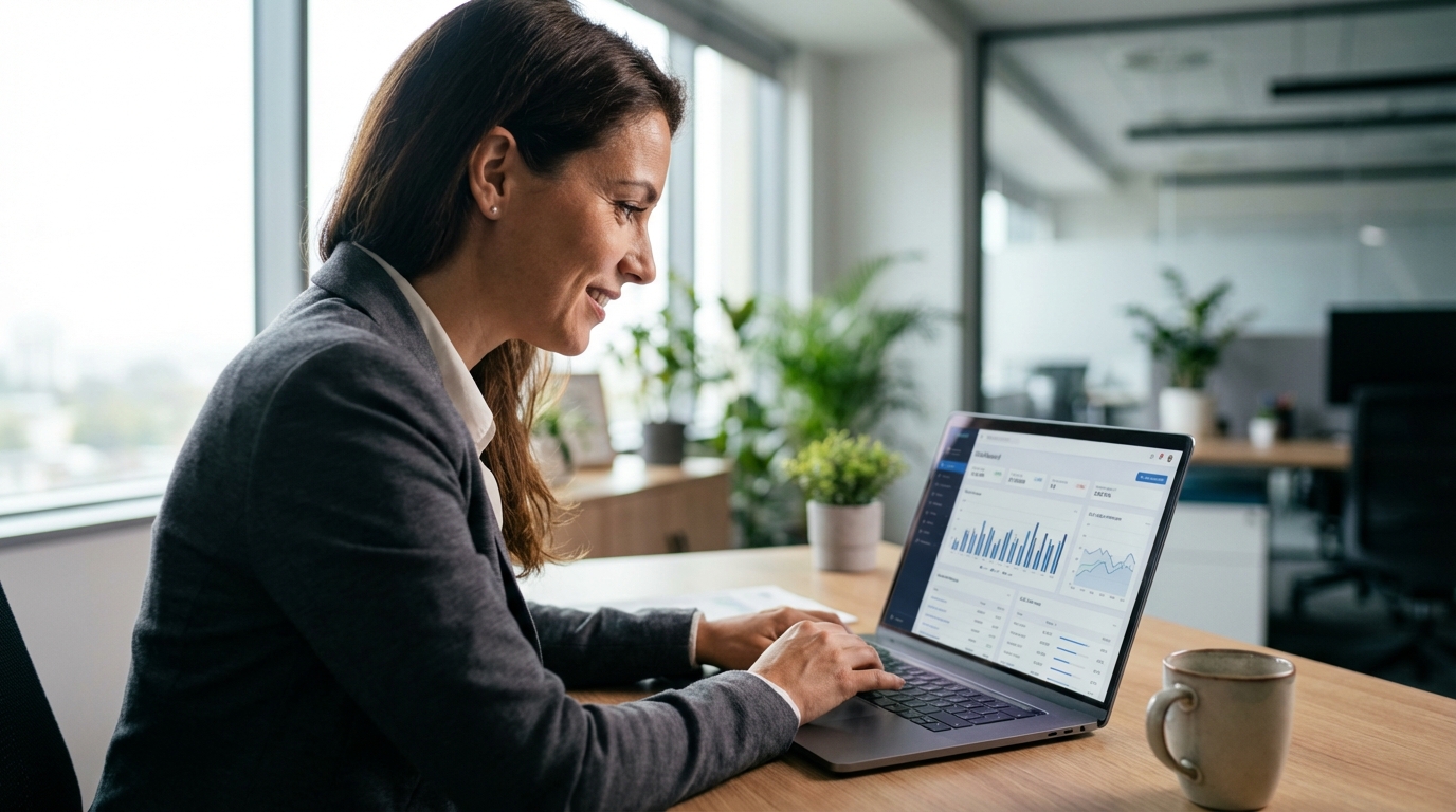 Professional reviewing AI agent cost dashboard on laptop with morning light and coffee on desk