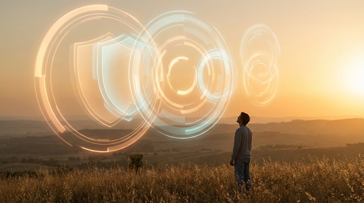 Abstract layered protective rings representing multi-layer AI cost defense strategy in warm amber holographic light