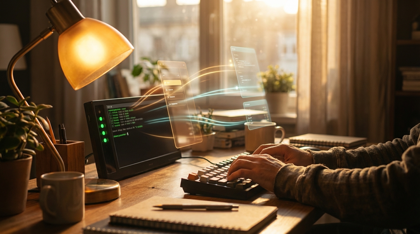 Developer hands on keyboard in warm office lighting with console showing green status indicators for AI agent cost monitoring