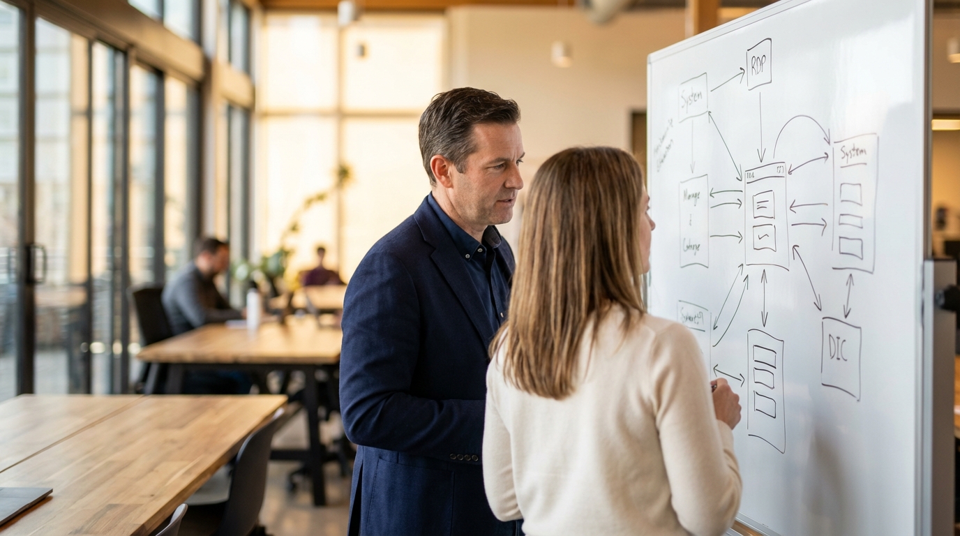 Two professionals sketching an autonomous SEO system architecture on a whiteboard in a modern office