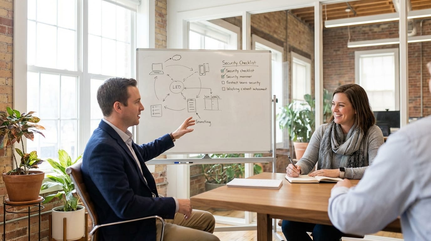 Two professionals reviewing an AI agent security evaluation checklist in a modern meeting room, collaborative discussion in natural light
