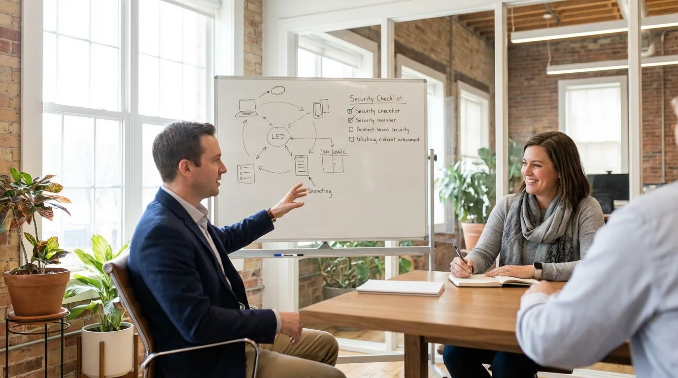 Two professionals reviewing an AI agent security evaluation checklist in a modern meeting room, collaborative discussion in natural light