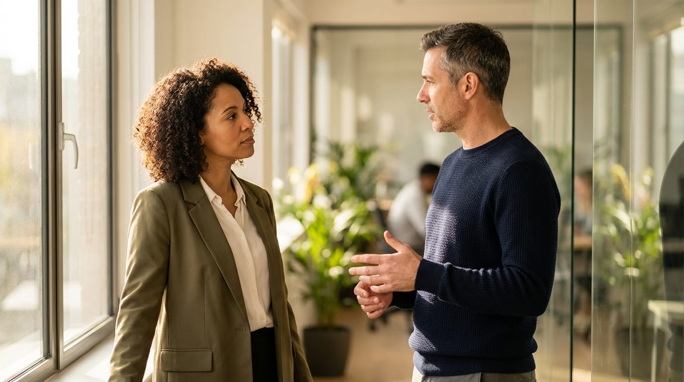 Two professionals in a candid discussion near a modern office window, engaged in focused conversation about strategy, natural lighting with shallow depth of field