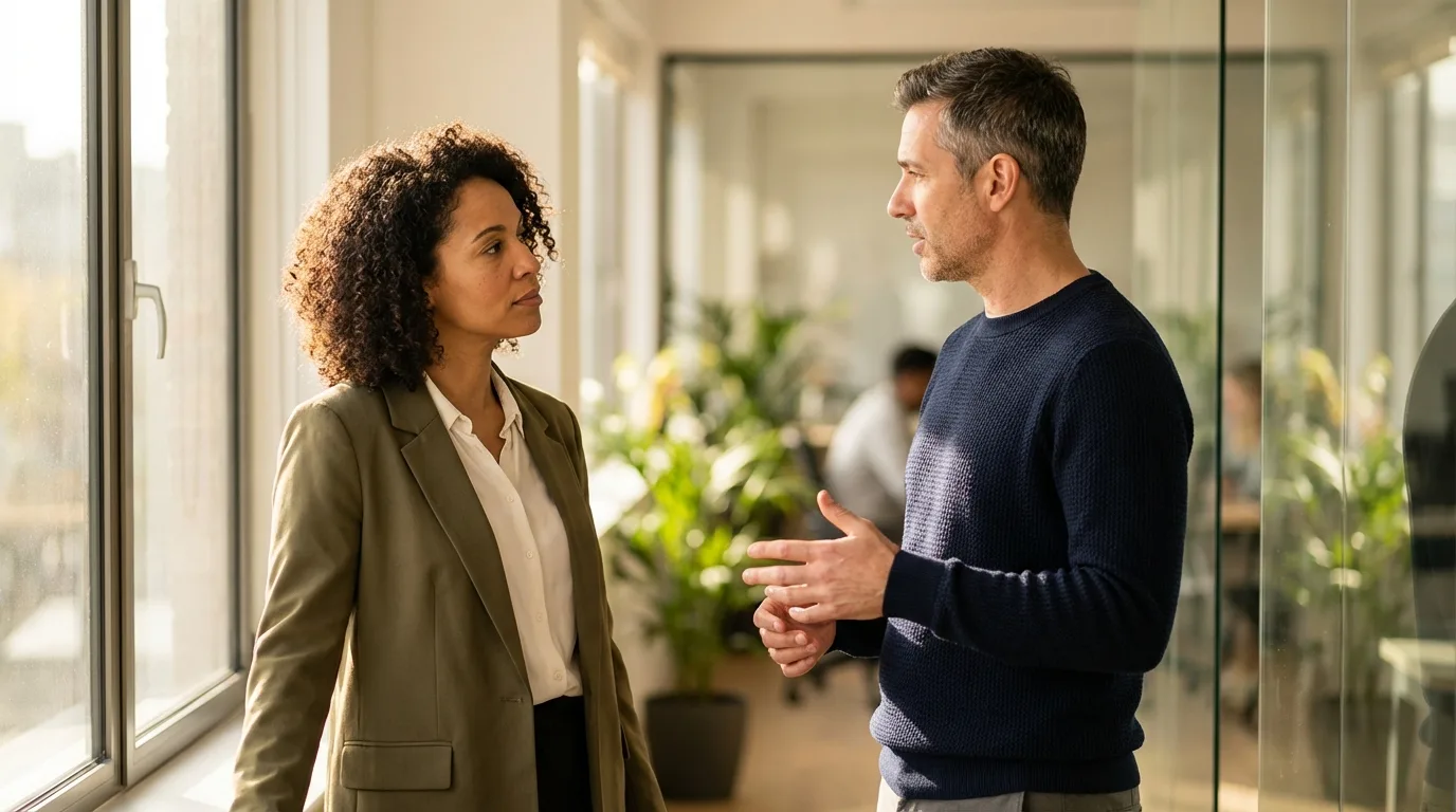 Two professionals in a candid discussion near a modern office window, engaged in focused conversation about strategy, natural lighting with shallow depth of field