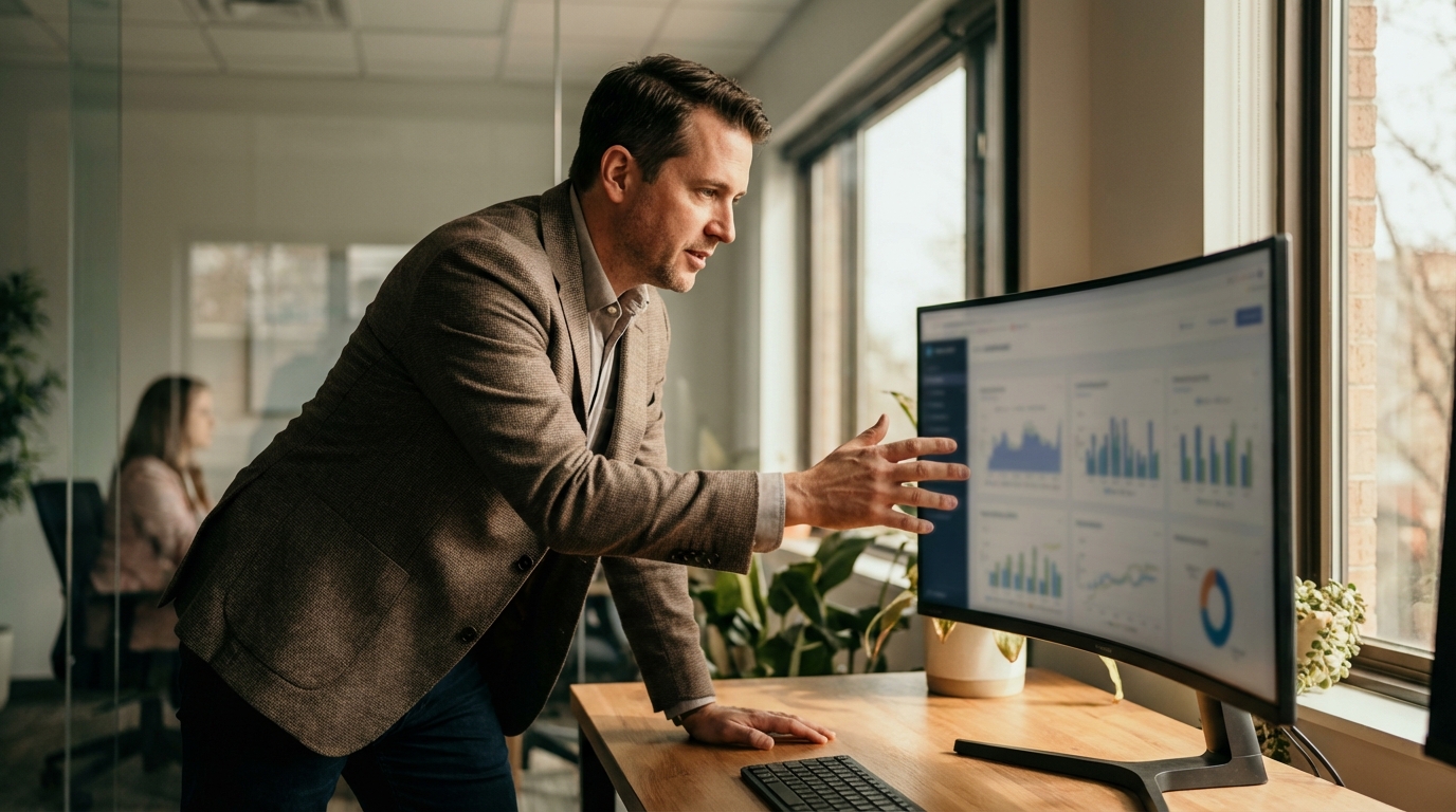 Professional reviewing content analytics dashboard showing autonomous AI pipeline production metrics