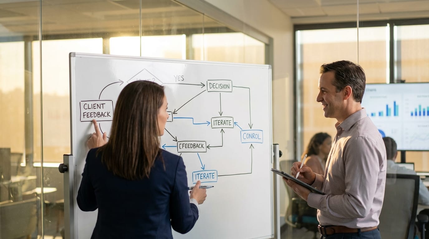 Team reviewing AI system architecture diagram on whiteboard, evaluating build vs buy decision