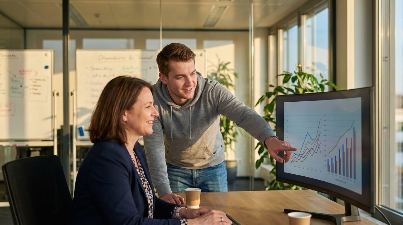 Two professionals reviewing improved AI pipeline metrics on a dashboard after switching to completion-triggered orchestration