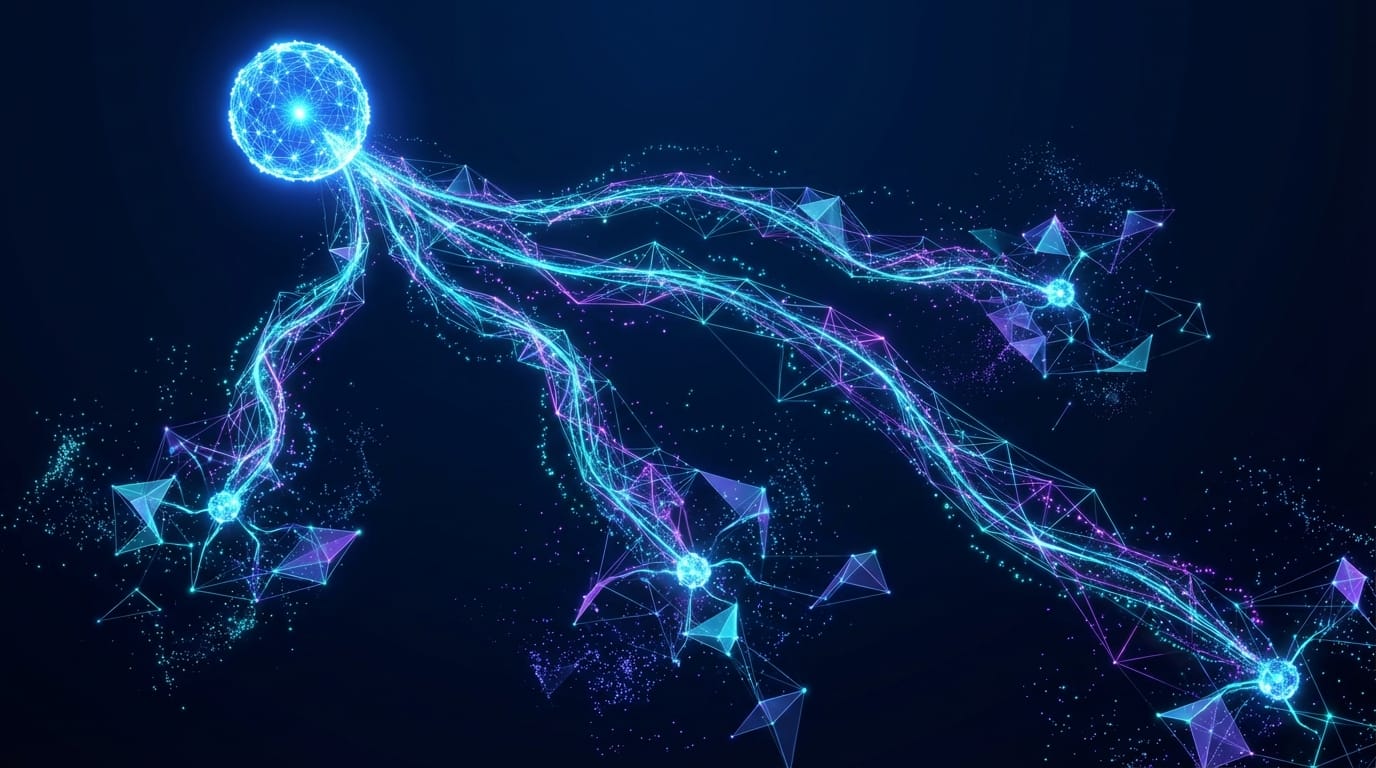 Single entry-point node branching into multiple completion-triggered downstream AI workflow streams