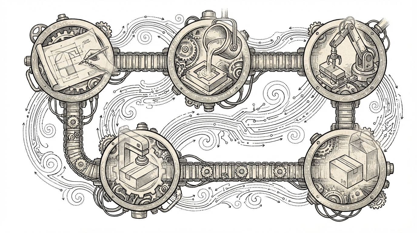 Crosshatch etching of five interconnected production stages in an autonomous content pipeline