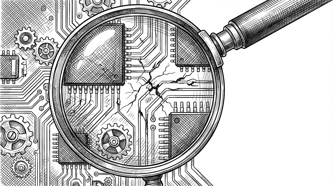Ink etching of magnifying glass revealing quality issues in autonomous content pipeline output