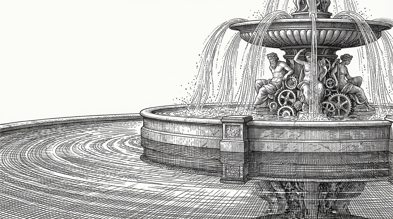 Ornate fountain with cascading water rendered as flowing data streams in ink etching style