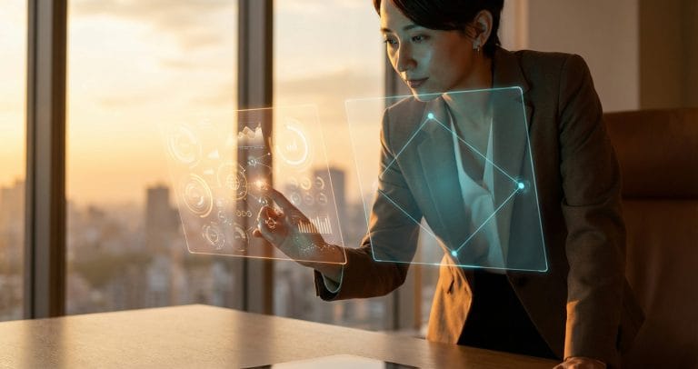 Professional evaluating two holographic panels representing build vs buy AI agents decision