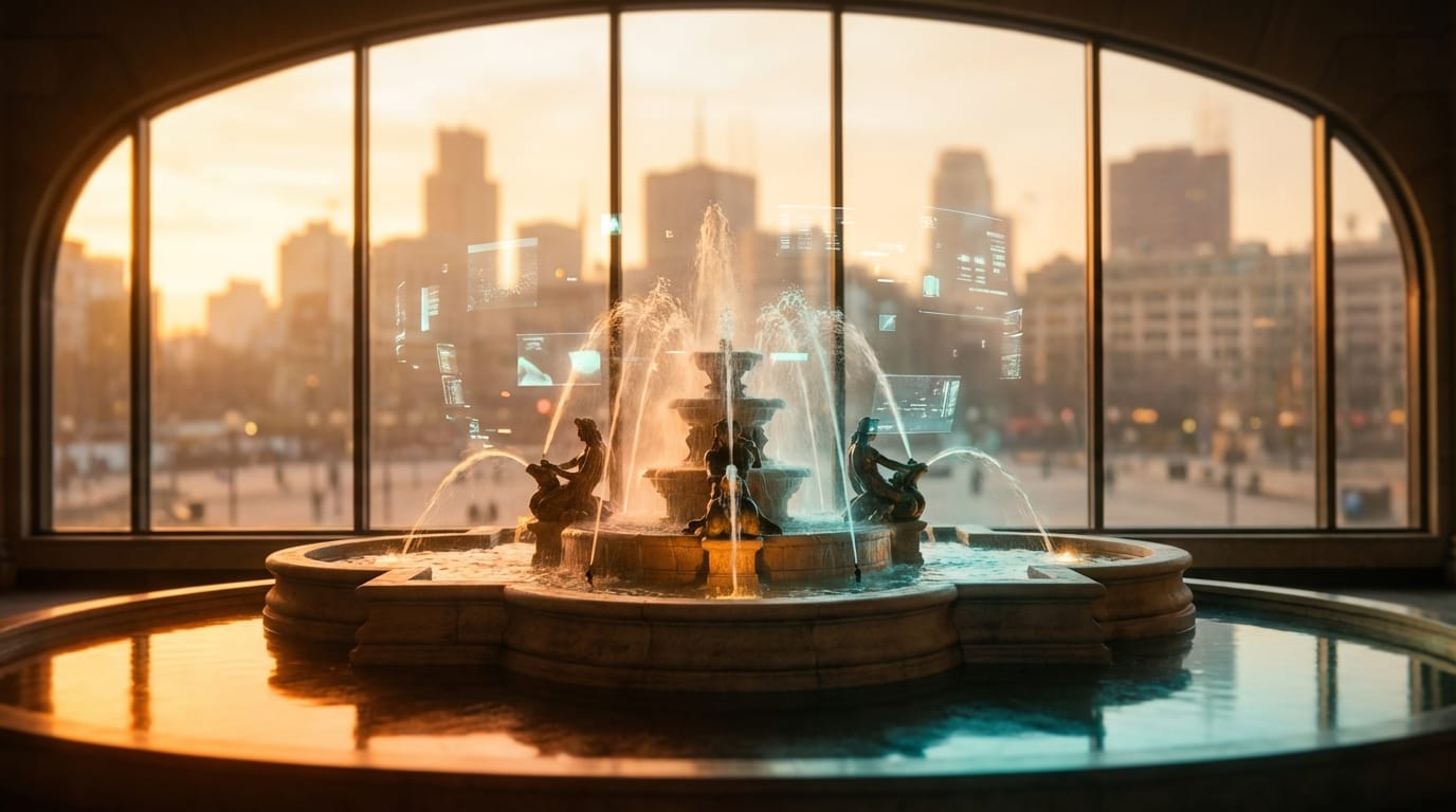 Illuminated fountain in a warm golden-hour urban plaza with soft holographic light in the mist