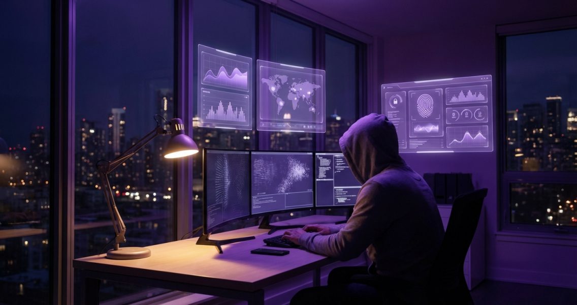 Security analyst monitors AI agent activity in a late-night operations center with violet holographic dashboards
