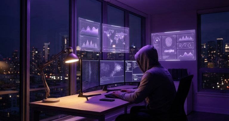 Security analyst monitors AI agent activity in a late-night operations center with violet holographic dashboards