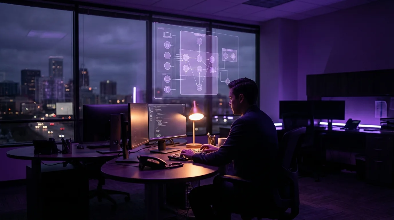 Developer at a dual-monitor workstation with violet holographic agent permission topology floating above the desk, showing scoped access boundaries in a dark office environment