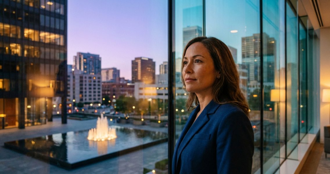 Professional at a glass office window at blue hour twilight overlooking city skyline, contemplating agentic SEO strategy
