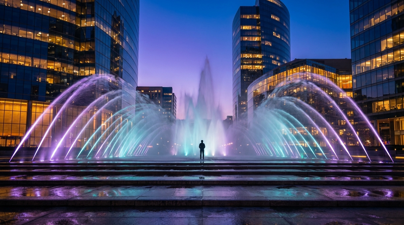 Luminous fountain at the center of a futuristic city plaza at twilight, water jets casting reflections in the evening light