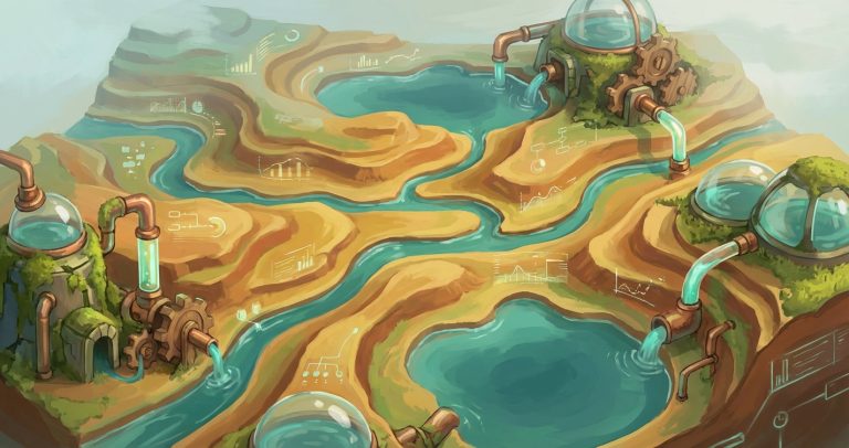 Aerial painterly illustration of 3D terrain with hydraulic rivers and lake systems — agentic coding case study