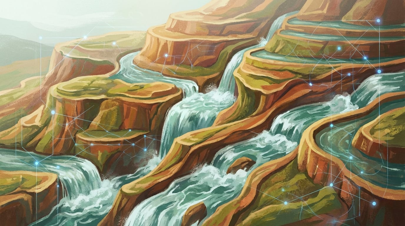 Digital painting of topographic terrain with water cascading through erosion channels — zero human code agentic coding project
