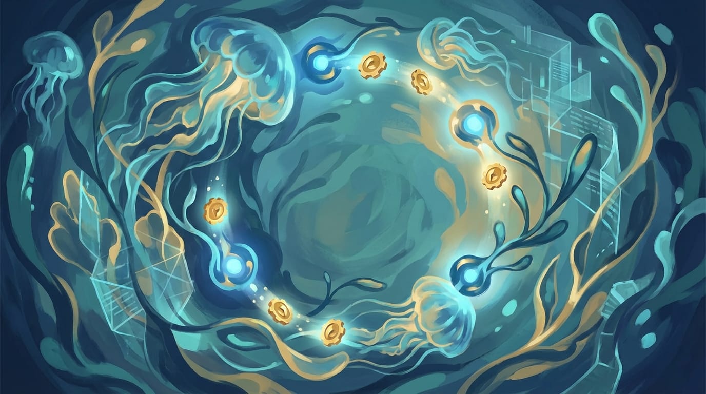 Illustrated concept of AI agents forming a self-checking validation network — emergent quality from adversarial agent architecture