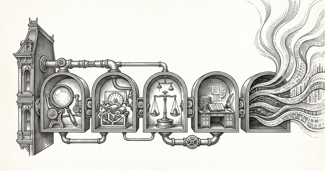 Ink etching illustration of a five-stage autonomous content pipeline with quality inspection chambers and data streams dissolving upward