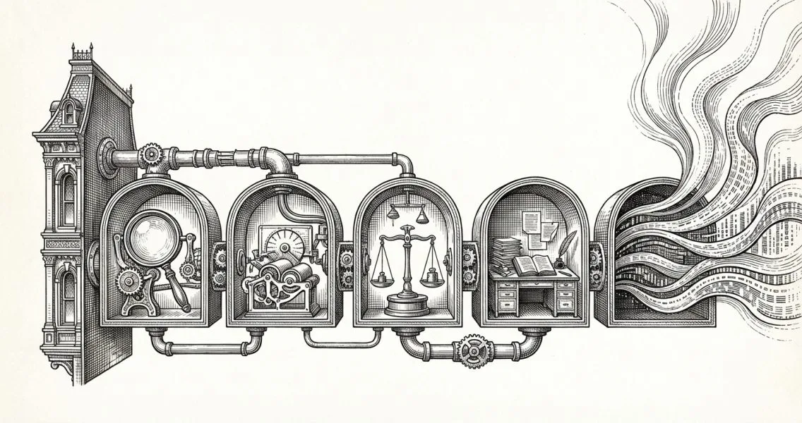 Ink etching illustration of a five-stage autonomous content pipeline with quality inspection chambers and data streams dissolving upward