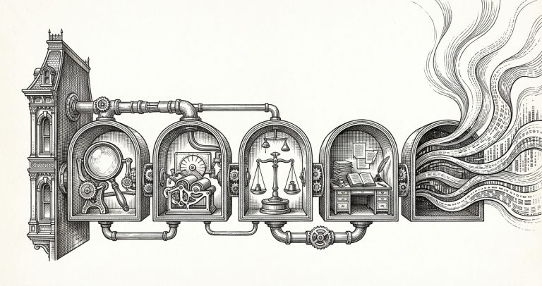Ink etching illustration of a five-stage autonomous content pipeline with quality inspection chambers and data streams dissolving upward