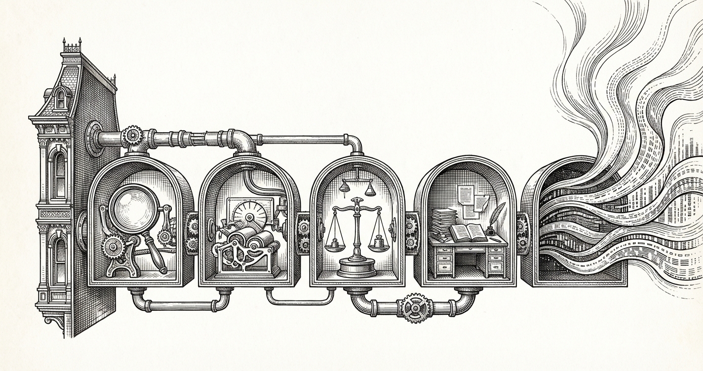 Ink etching illustration of a five-stage autonomous content pipeline with quality inspection chambers and data streams dissolving upward