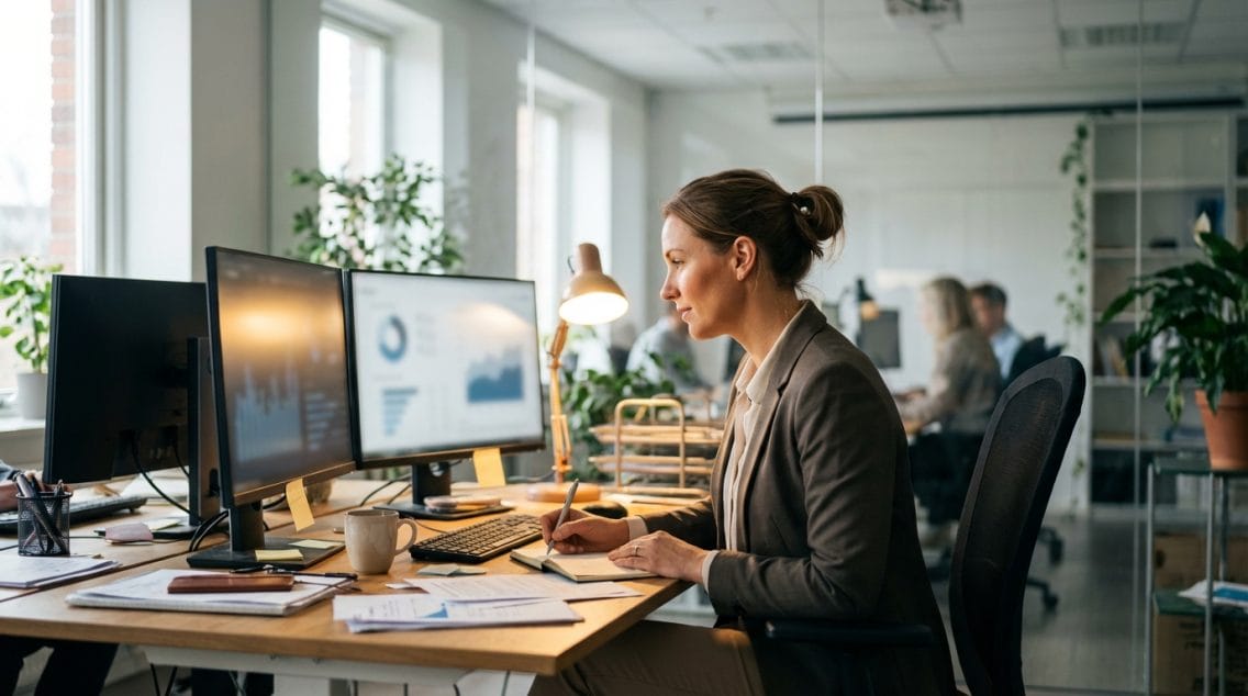 Content strategist reviewing AI search optimization data at dual monitors in natural office light