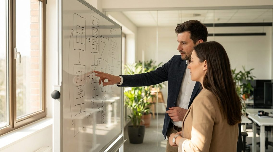Two professionals at a whiteboard planning GEO content strategy — collaborative B2B AI search optimization session