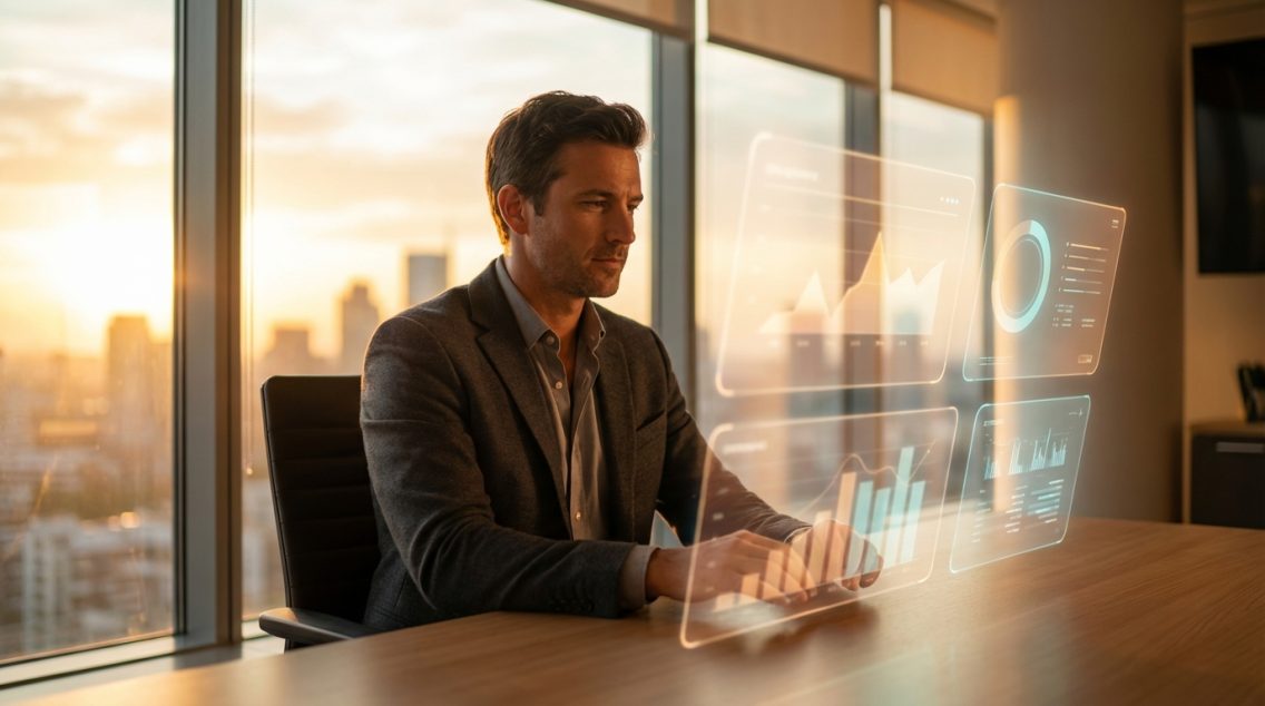 Professional reviewing holographic AI search data dashboard with warm amber glow and golden-hour cityscape — GEO optimization monitoring