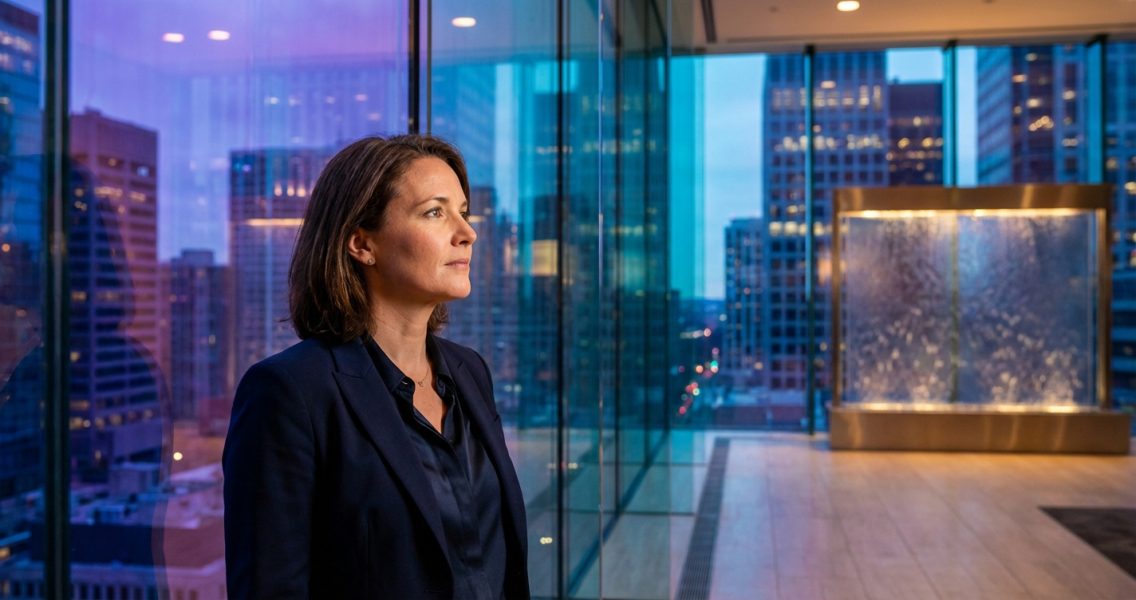 Professional reviewing AI search visibility strategy at floor-to-ceiling windows with twilight cityscape — GEO optimization for B2B