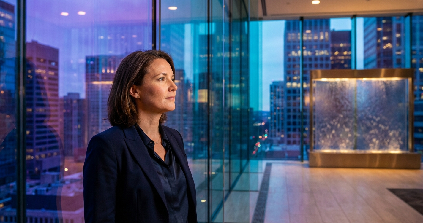 Professional reviewing AI search visibility strategy at floor-to-ceiling windows with twilight cityscape — GEO optimization for B2B