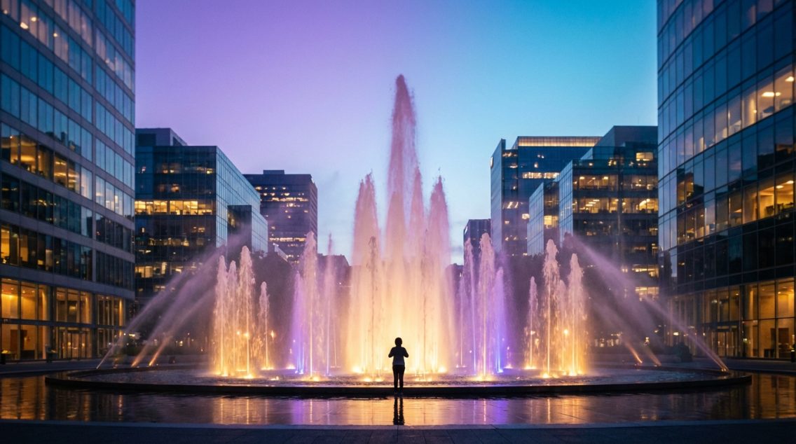 Illuminated fountain in a futuristic city plaza at twilight with violet and amber reflections in the reflecting pool